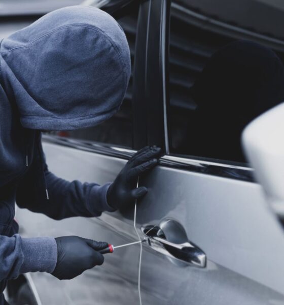 Ladro tenta di scassinare la serratura di un'auto