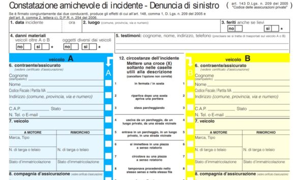 Constatazione amichevole di incidente. Denuncia di sinistro