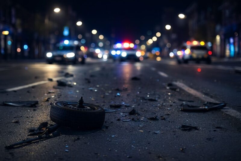 Rottami sull'asfalto dopo un incidente stradale