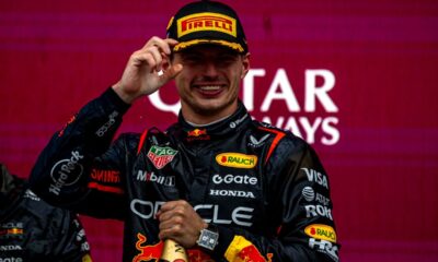 Max Verstappen, festeggia sul podio