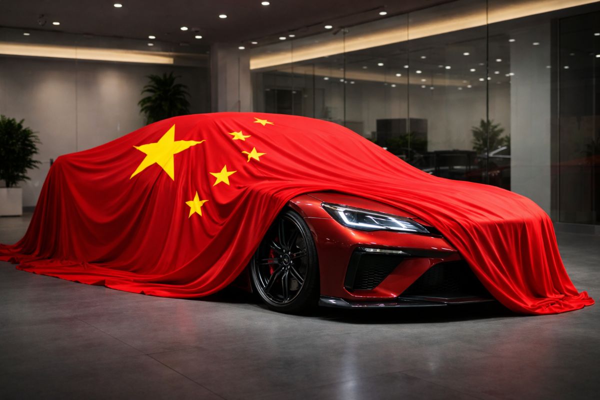 Auto cinese coperta da un telo coi colori della bandiera della Cina