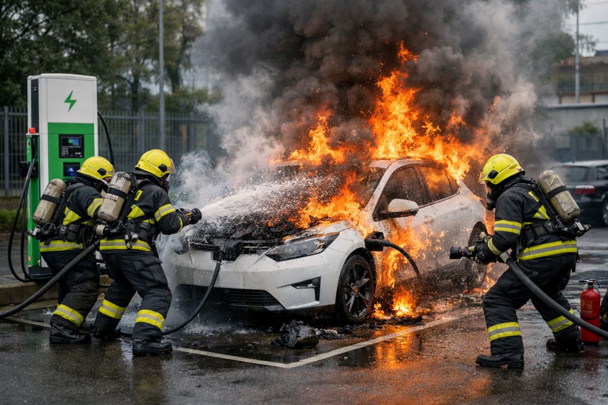 Auto elettrica in fiamme alla colonnina con vigili del fuoco in azione