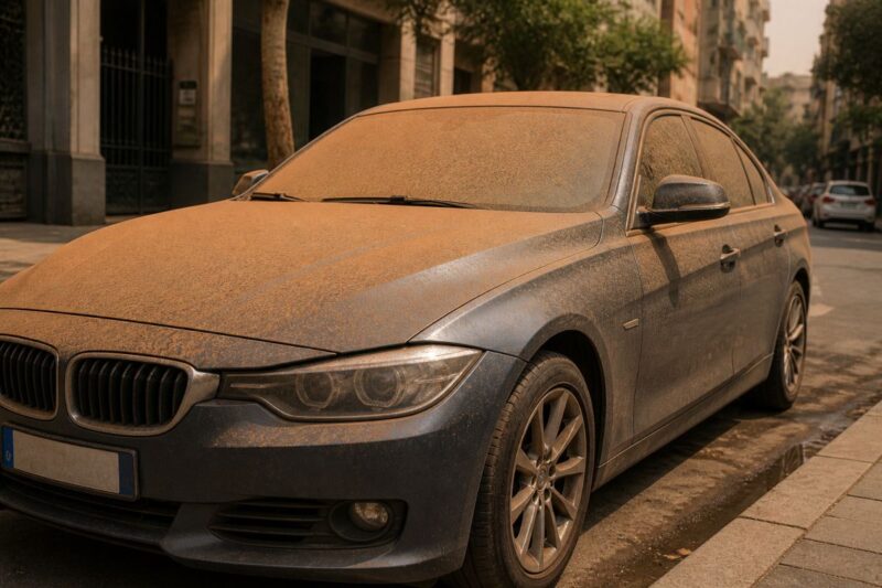 Un auto parcheggiata sporca di sabbia rossa.