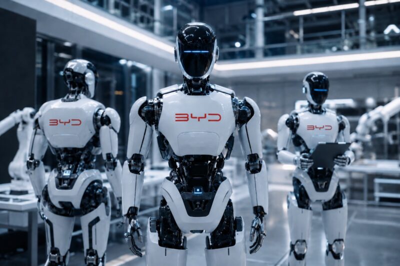 Robot umanoidi in una fabbrica con sul petto il logo BYD.
