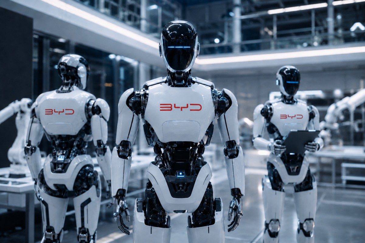 Robot umanoidi in una fabbrica con sul petto il logo BYD.