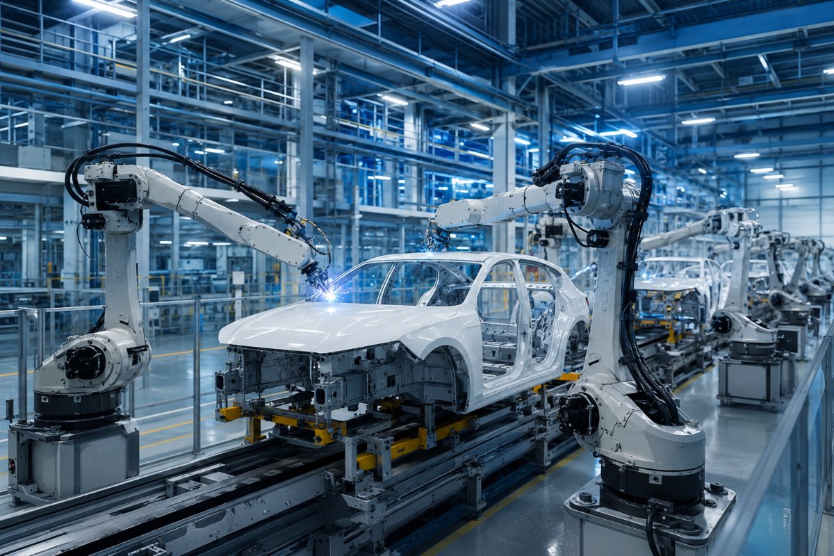 Robot industriali assemblano scocche di auto.