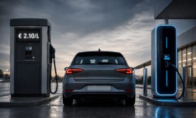 Un auto tra una pompa di carburante diesel e una colonnina di ricarica elettrica.