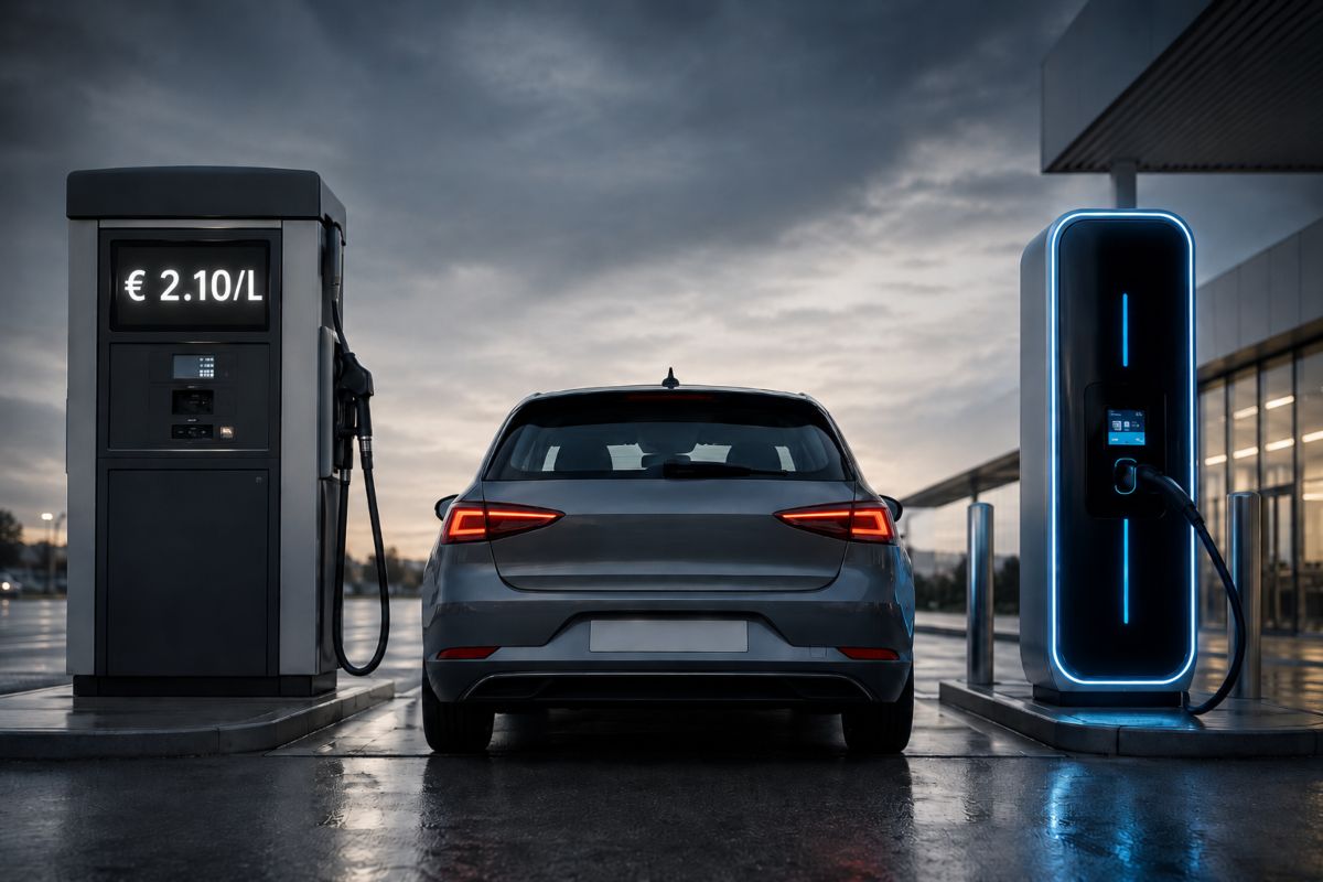 Un auto tra una pompa di carburante diesel e una colonnina di ricarica elettrica.
