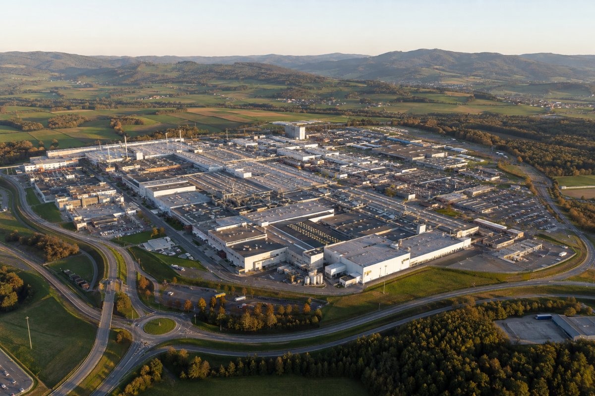Stabilimento automotive visto dall’alto tra campi e colline.