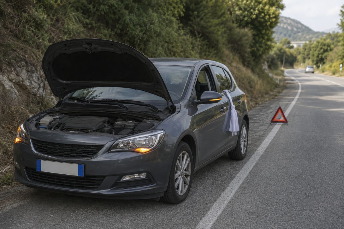 Auto in panne vista anteriormente con cofano aperto, panno bianco al finestrino e triangolo di emergenza.