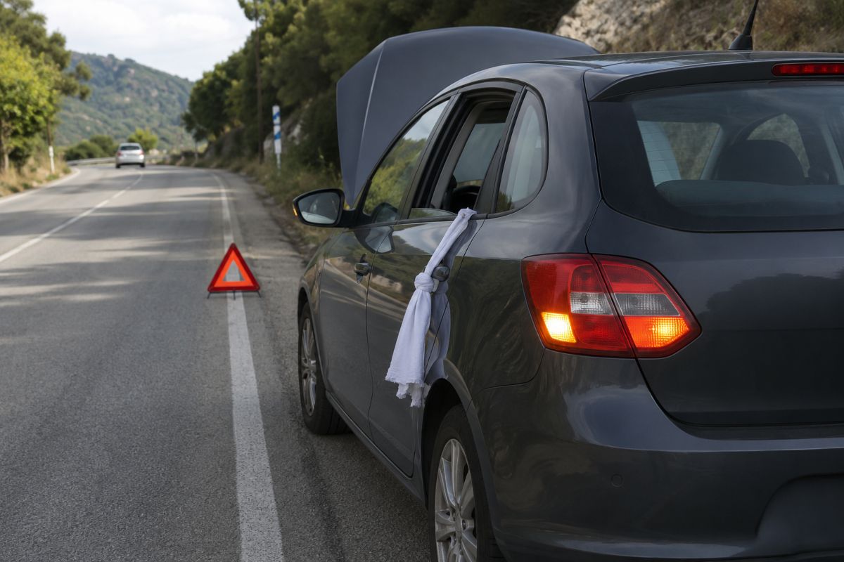 Auto ferma a bordo strada con panno bianco al finestrino, quattro frecce e triangolo di emergenza.