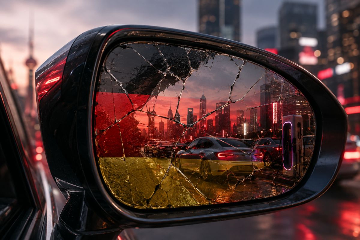 Specchietto rotto con bandiera tedesca e skyline cinese riflessi.