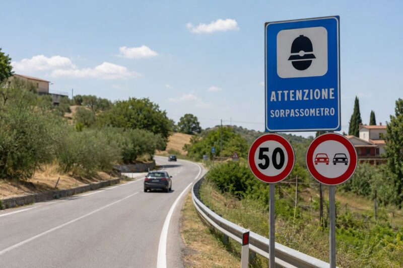Cartello di avviso sorpassometro e divieto di sorpasso.