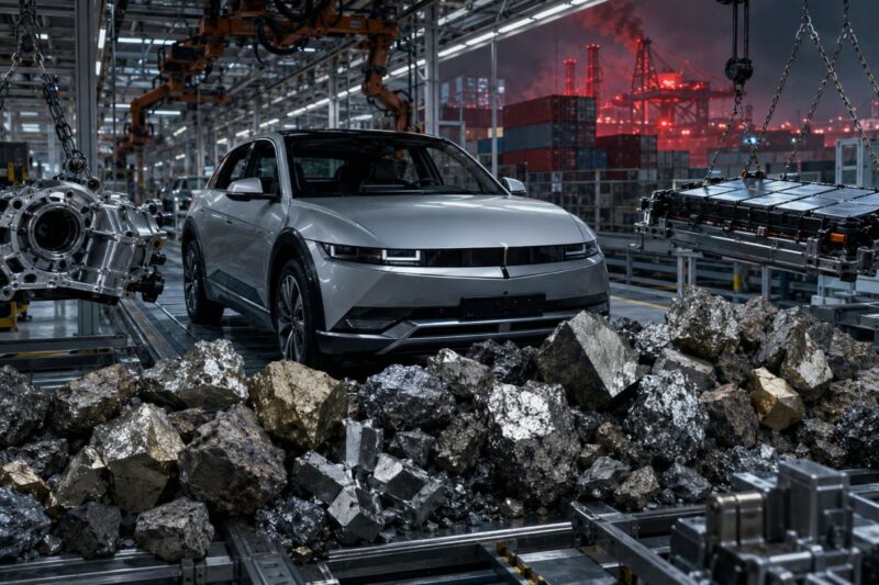 Auto elettrica in uno stabilimento industriale con minerali in primo piano.